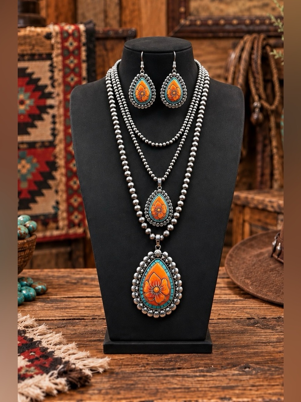 Western Faux Turquoise Navajo Inspired Pearls Multi Beaded Necklace Earrings Set